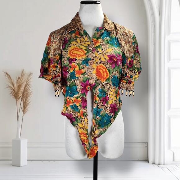 Vintage 90s Carole Little Beaded Floral Rayon Top Mexico Boho Festival Blouse - Picture 3 of 16